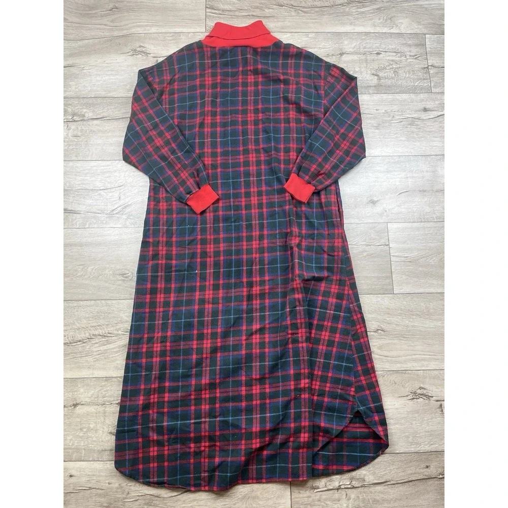 VTG LL BEAN Nightgown Women's Small Long Flannel Turtleneck Plaid Red Blue Black